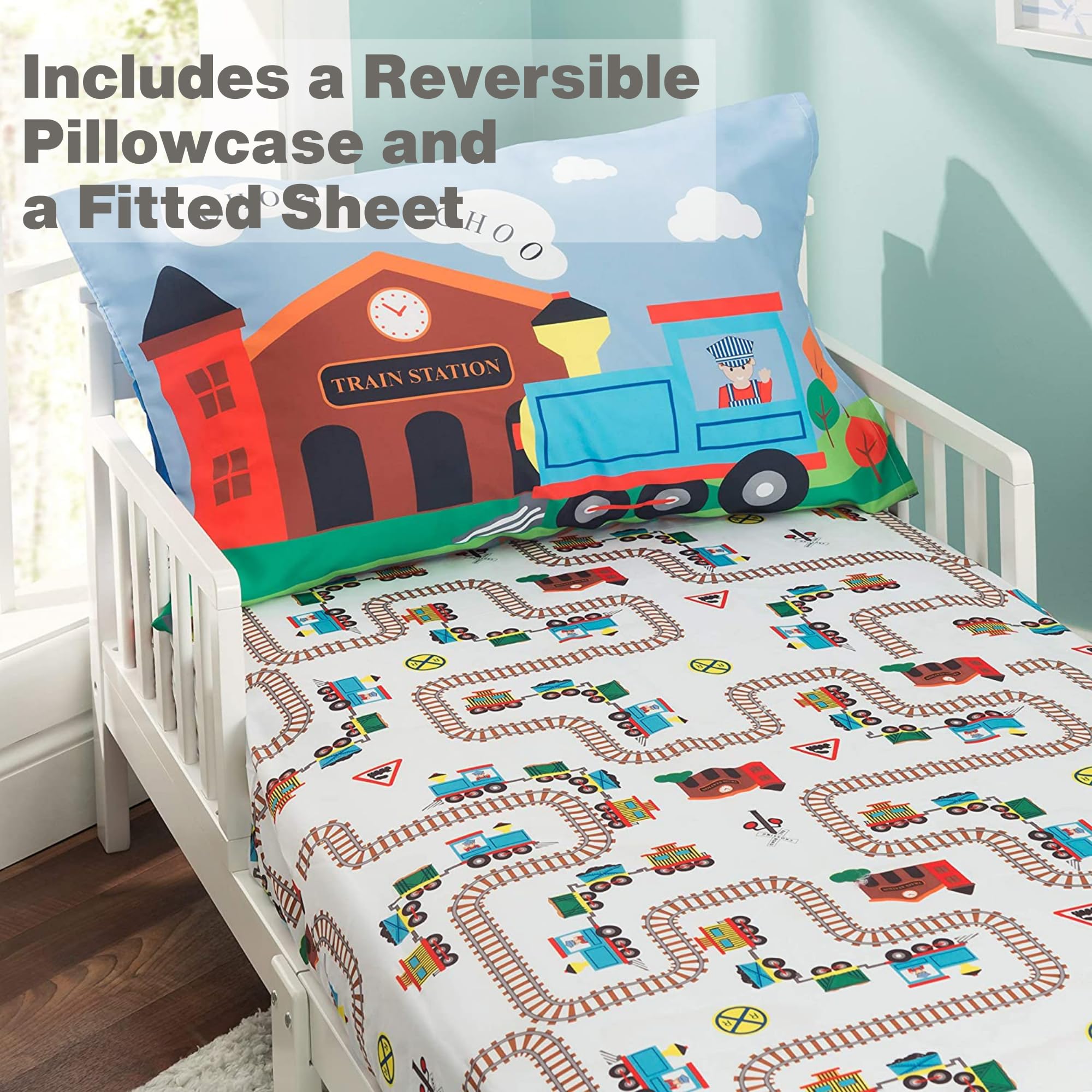 Everyday Kids Choo Choo Train room scene featuring cheerful bedding and decor.