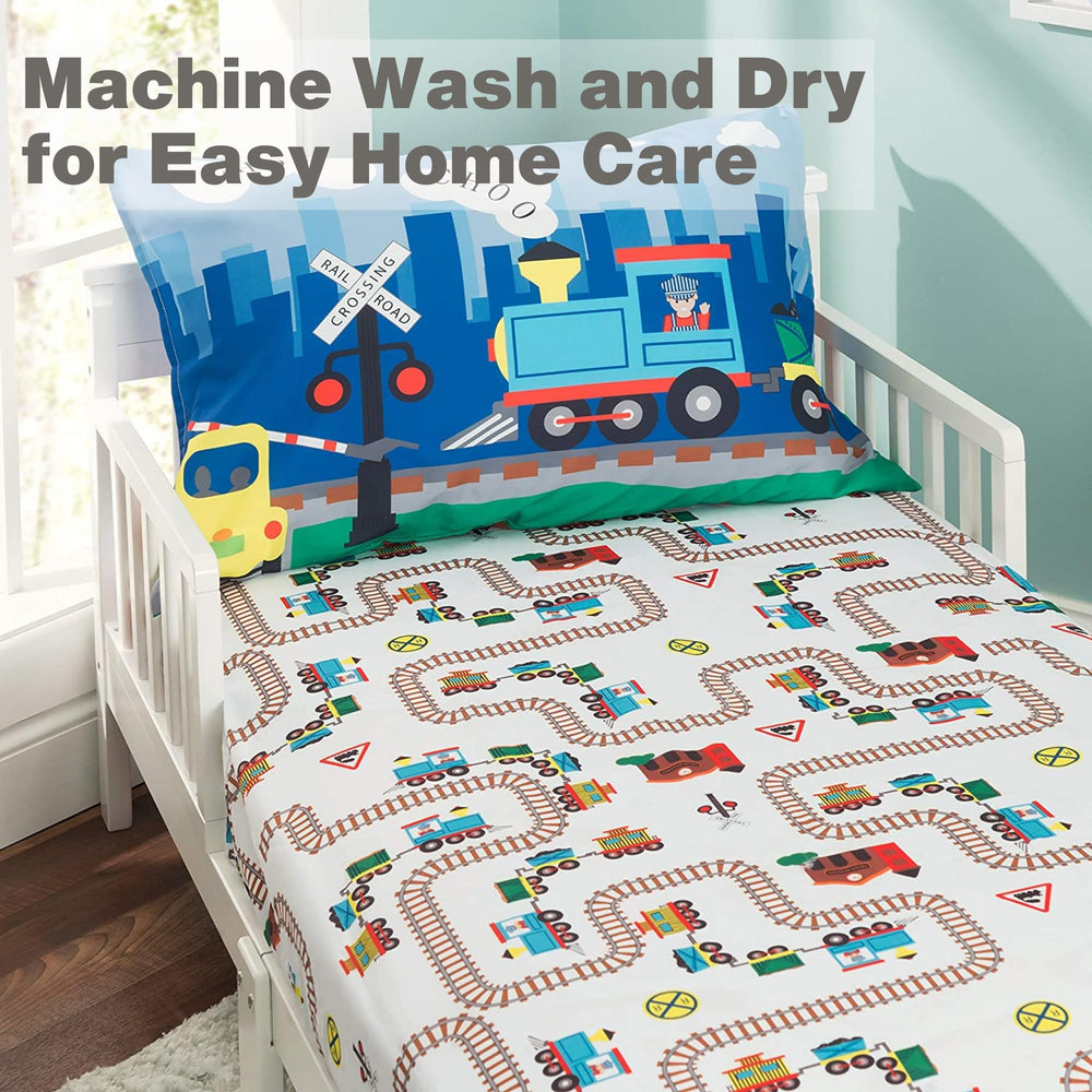 Everyday Kids Choo Choo Train pillowcase closeup highlighting vibrant colors for a playful look.