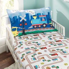 Everyday Kids Choo Choo Train toddler sheet flatlay showing soft microfiber for cozy sleep.