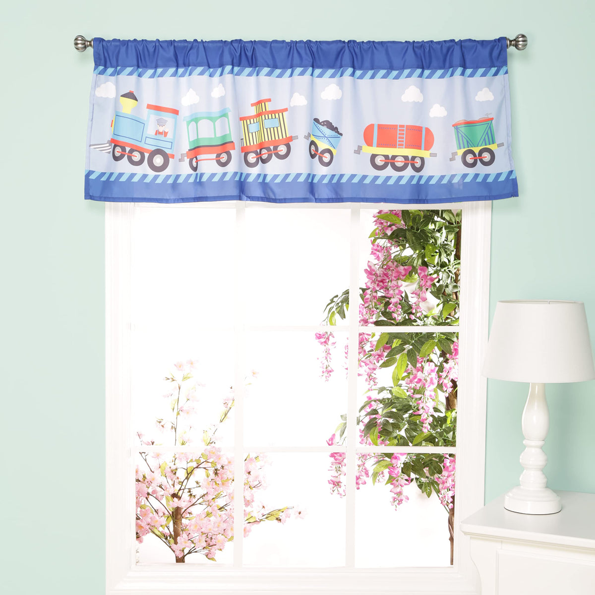 EVERYDAY KIDS Choo Choo Train valance close-up fabric showing easy-care material.