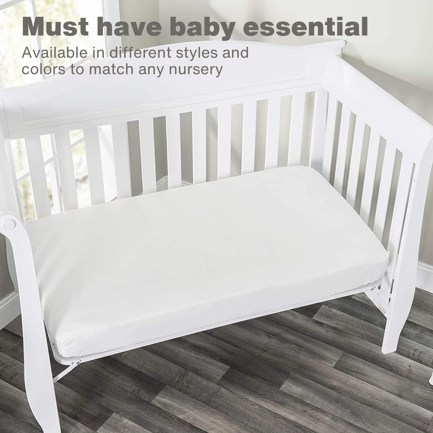 Everyday Kids sheet highlights 8-inch deep pockets for standard crib mattresses.