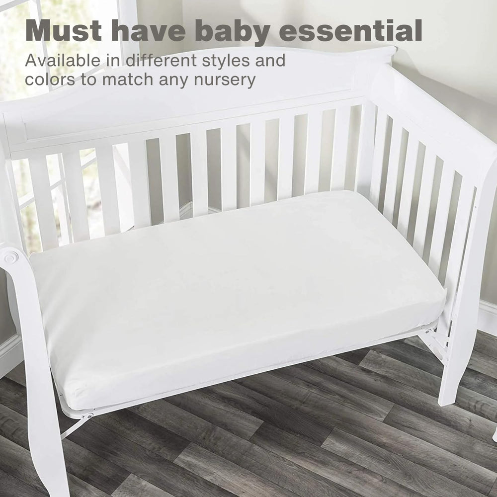 Everyday Kids sheet highlights 8-inch deep pockets for standard crib mattresses.
