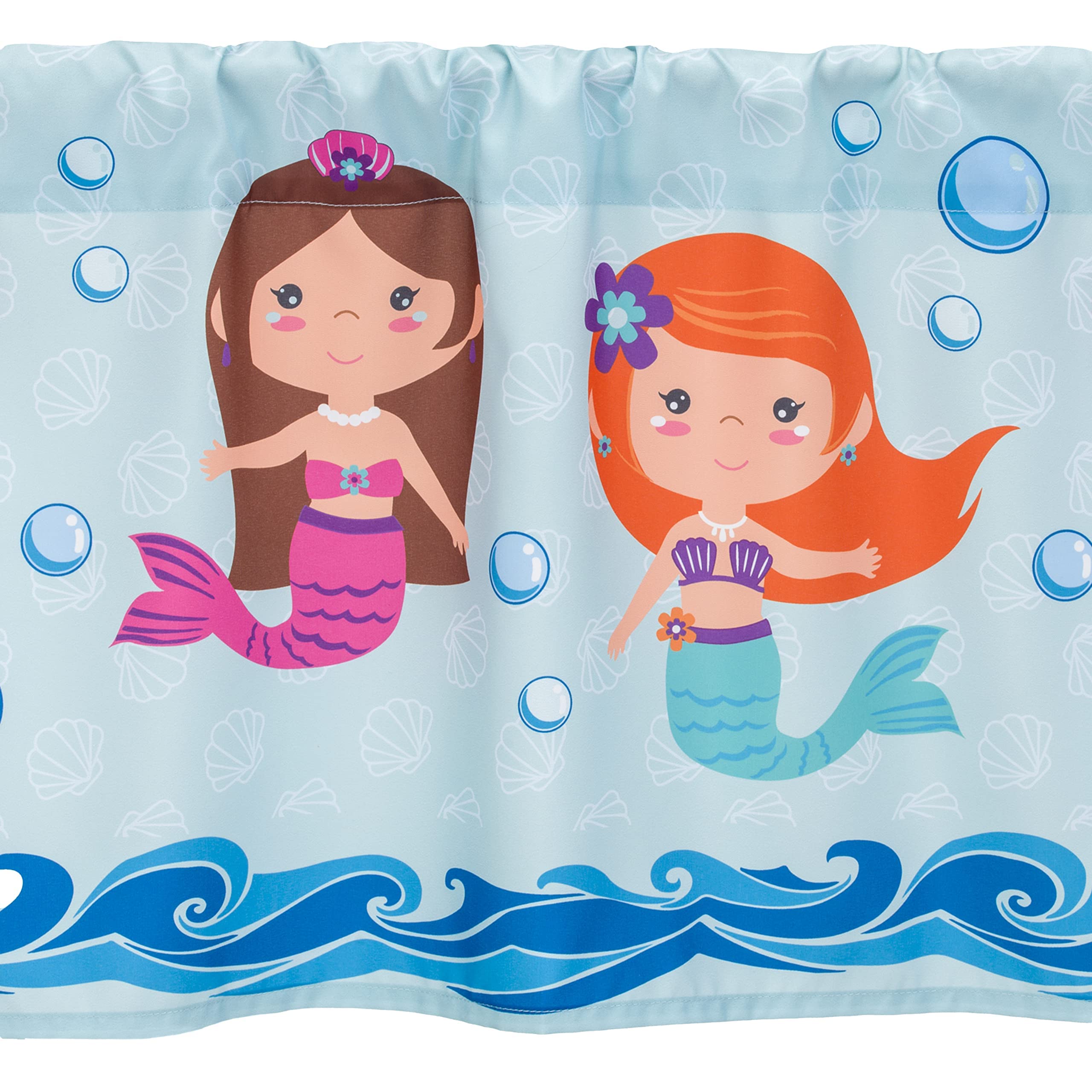 EVERYDAY KIDS hypoallergenic polyester mermaid valance supports gentle nursery styling.