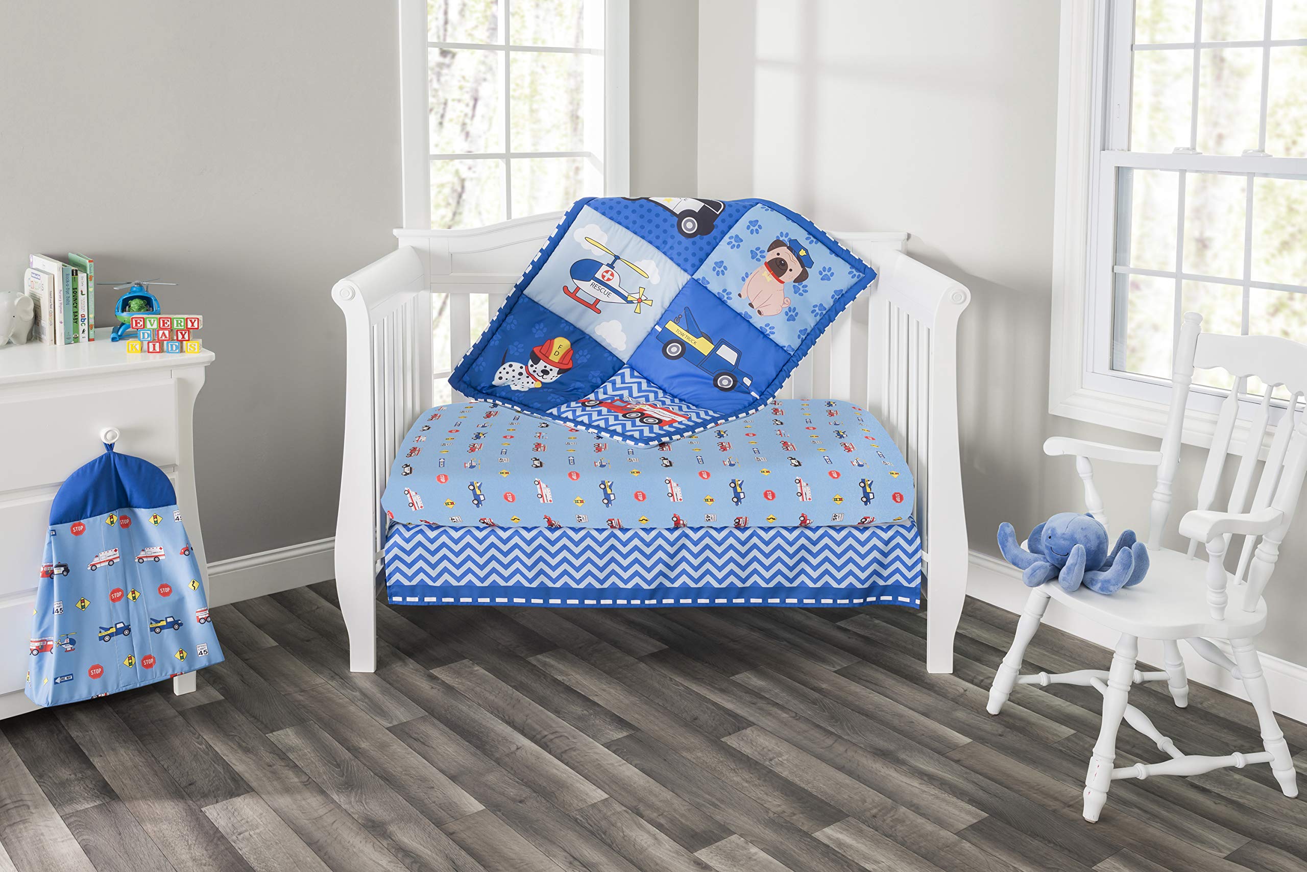Everyday Kids Little Rescuer quilt fabric detail highlighting vibrant rescue-vehicle design.