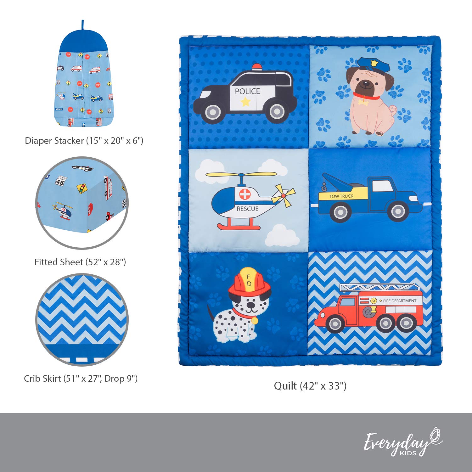 Everyday Kids Little Rescuer rescue-vehicles pattern inspires imaginative nighttime play.