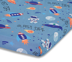 EVERYDAY KIDS outerspace adventures fitted sheet on crib, breathable microfiber for comfy naps.