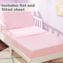 Everyday Kids pink fitted sheet fitting a standard toddler mattress with 8-inch pocket
