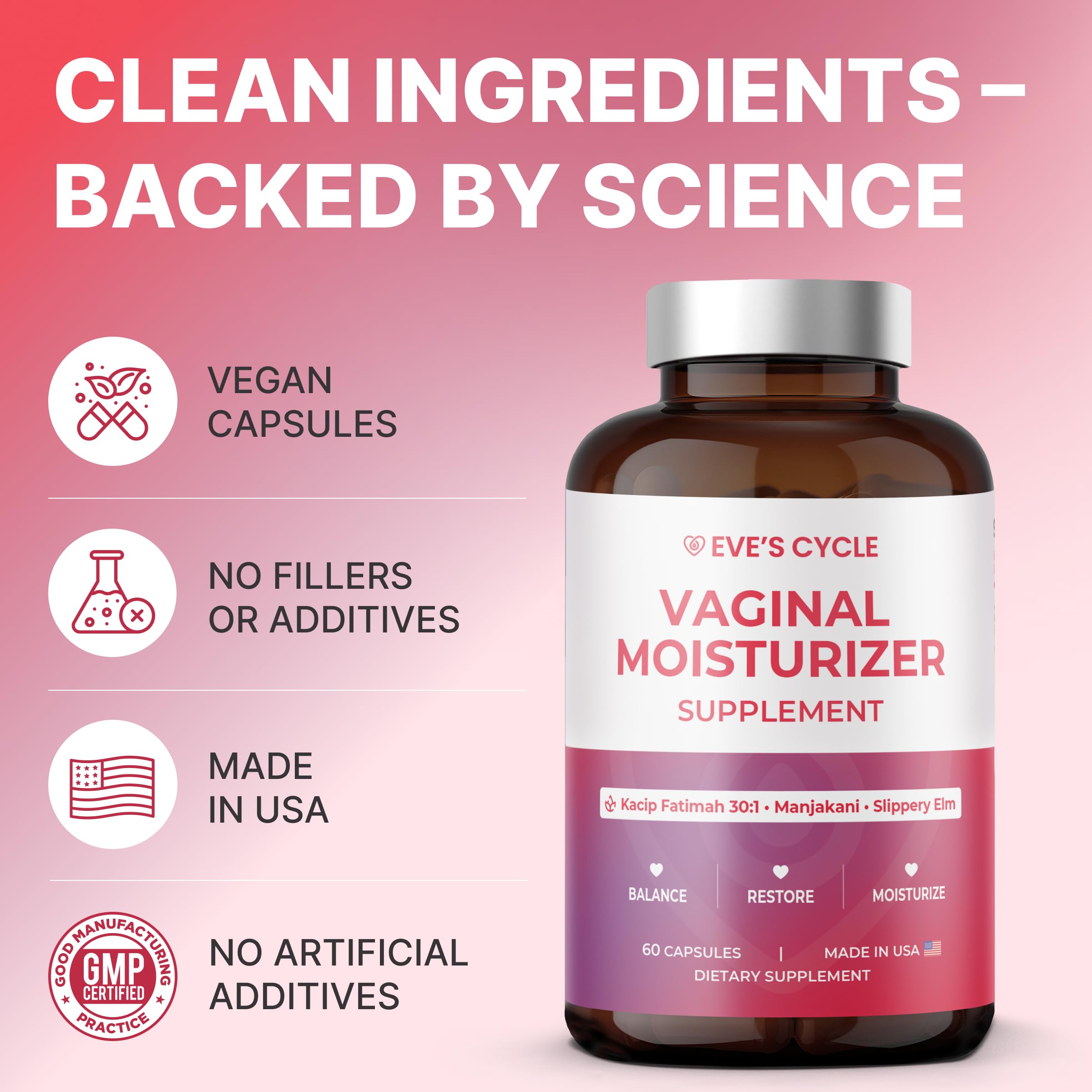 Eve's Cycle bottle highlighting Kacip Fatimah extract, traditional botanical support.