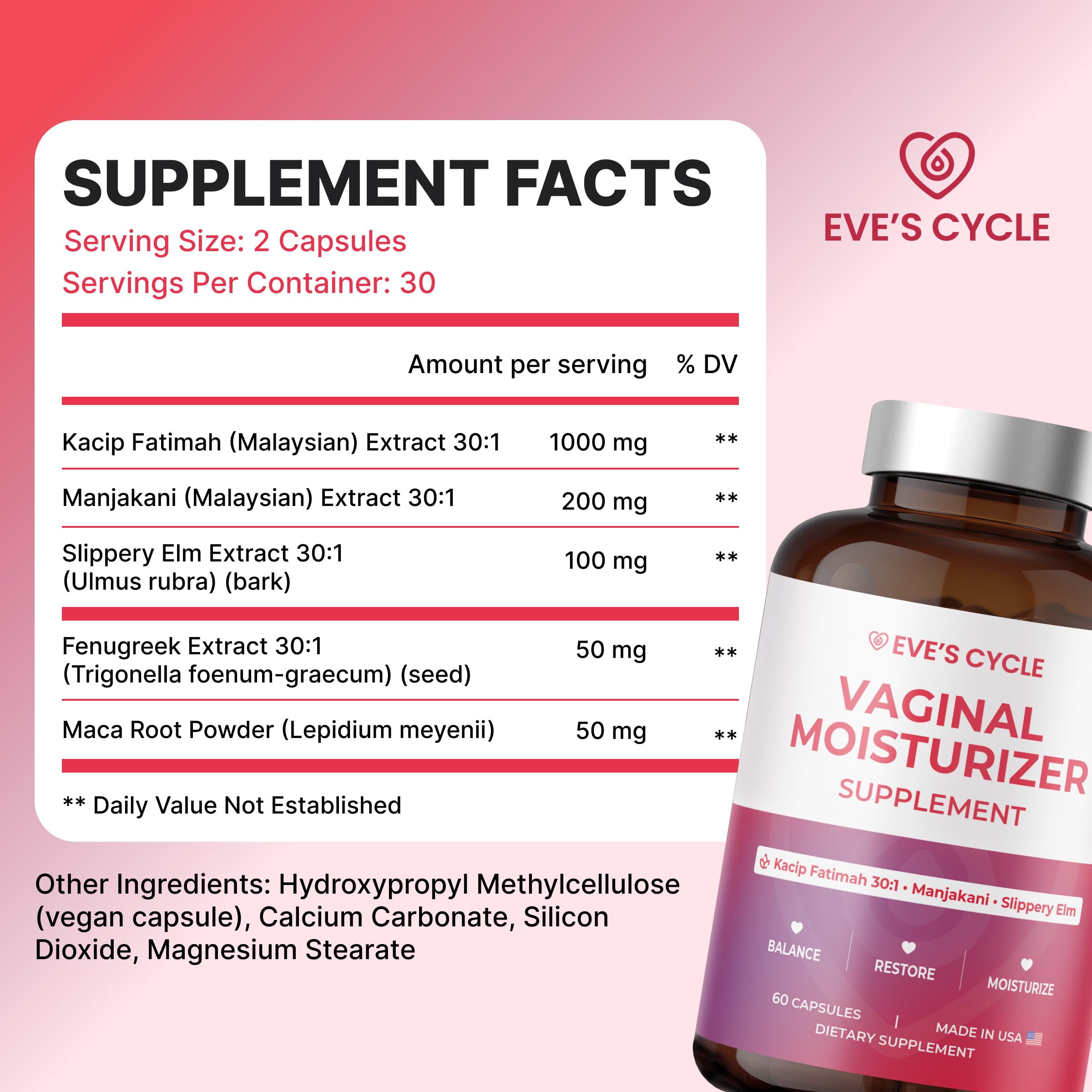 Eve's Cycle Maca on label, potential vitality and balance.