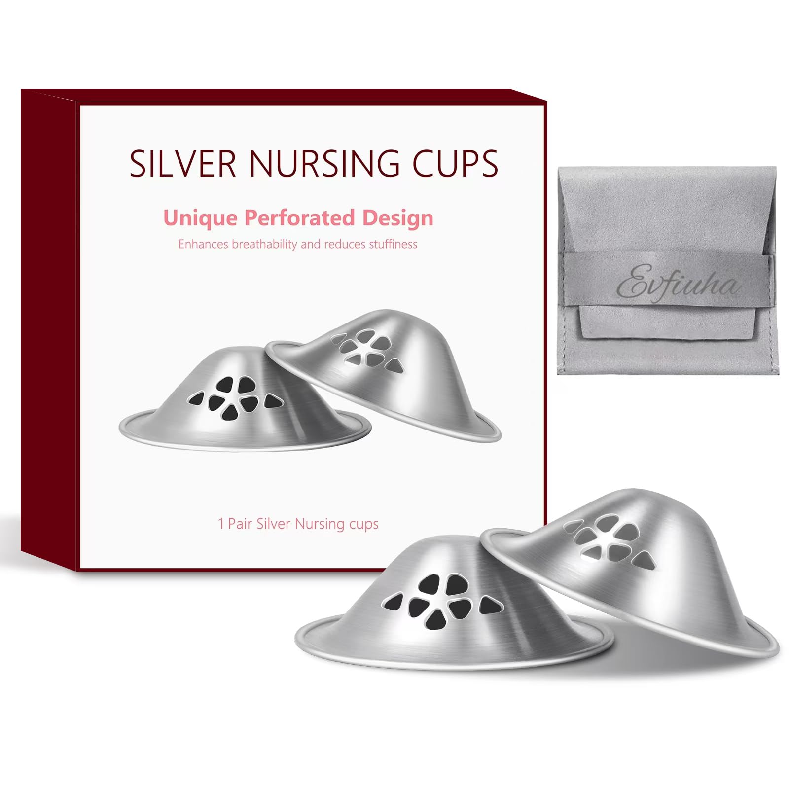 Evfiuha Silver Nursing Cups with perforated design for breathable comfort during breastfeeding.