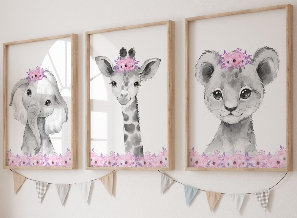 Eviepops Prints safari animals nursery wall art – trio with pink flowers, ideal for a baby girl's room