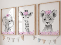 Eviepops Prints safari animals nursery wall art – trio with pink flowers, ideal for a baby girl's room
