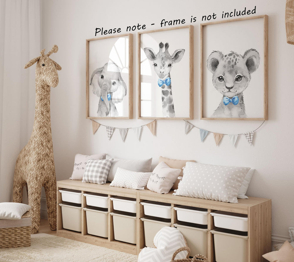 Eviepops Prints safari lion with blue bow tie introduces friendly safari vibes to a nursery.