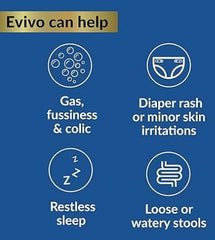 Evivo probiotic powder for babies supporting colic and gas relief during feeds.