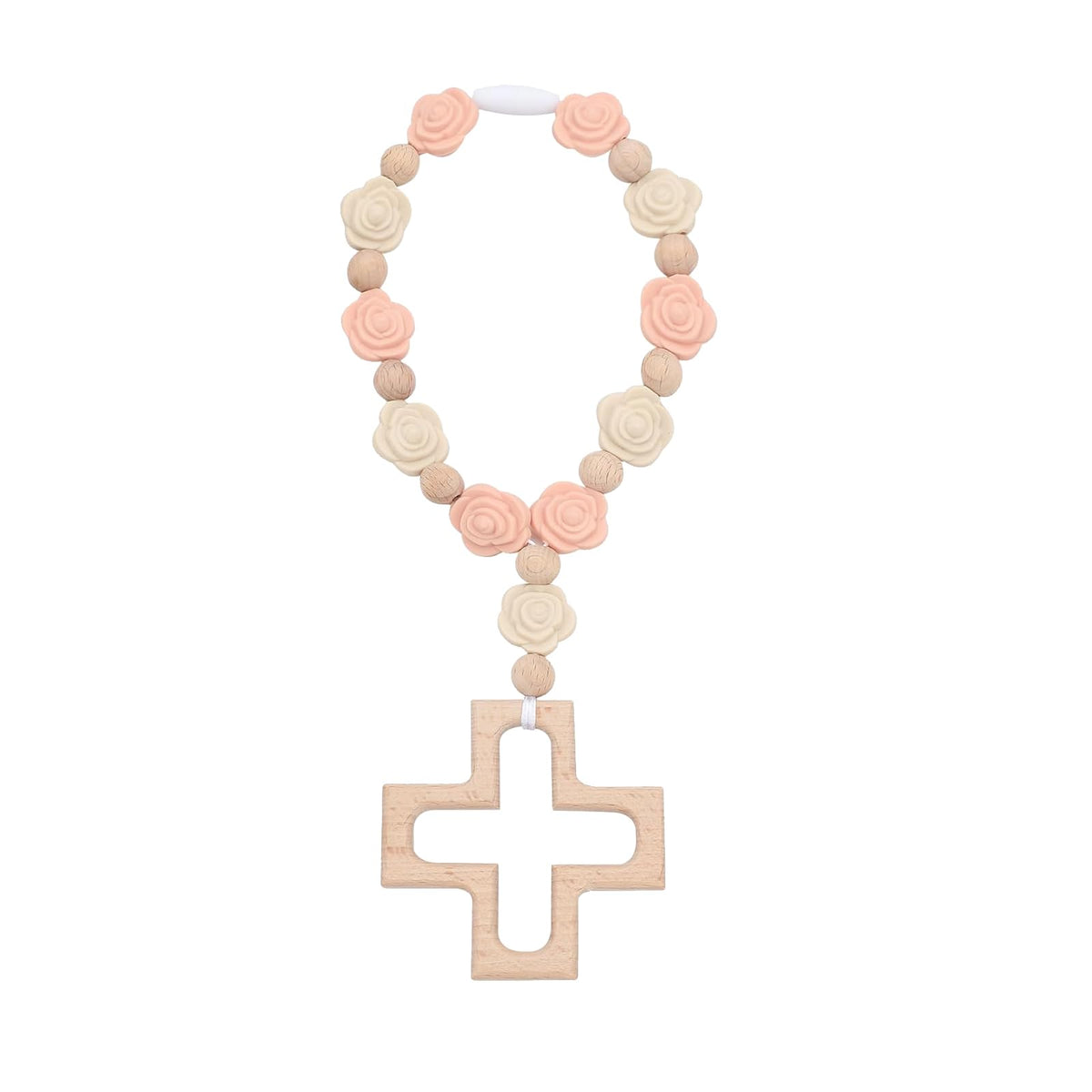 EVKILKJS cross Baptism silicone rosary light pink close-up with delicate cross center