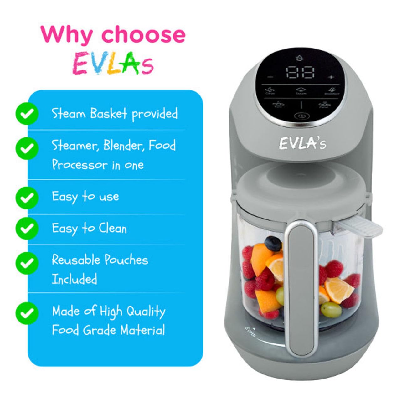 EVLA'S Baby Food Maker steams vegetables for vibrant flavors.