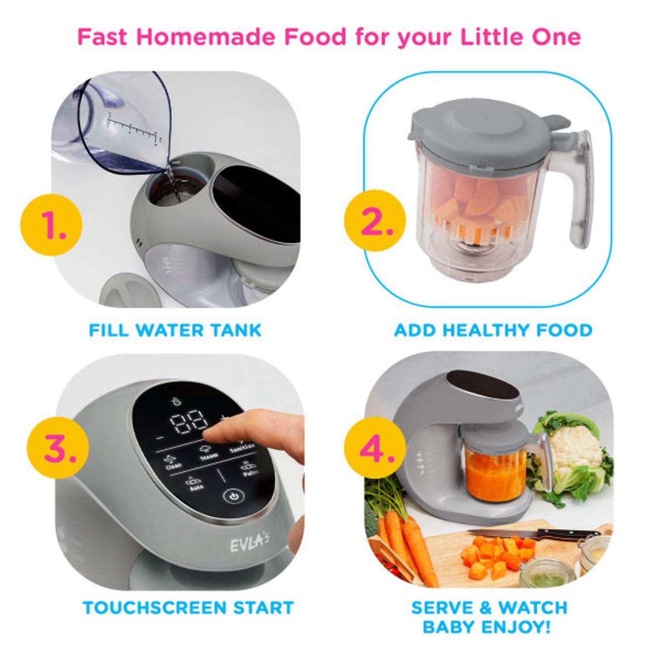 EVLA'S Baby Food Maker self-cleaning cycle saves cleanup time.