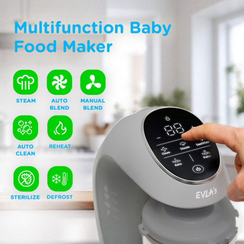 EVLA'S Baby Food Maker touch-screen controls for easy setup.
