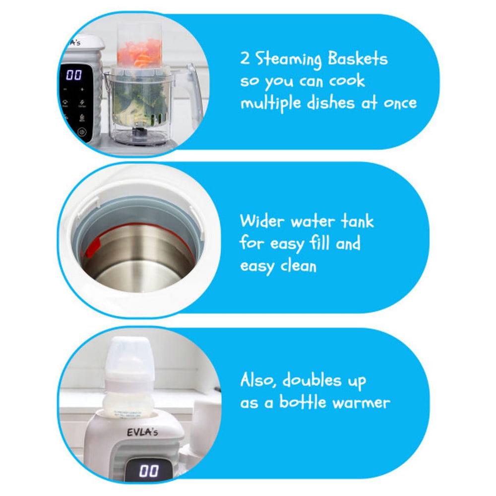 EVLA'S bottle warmer feature for gentle milk heating during feeds.