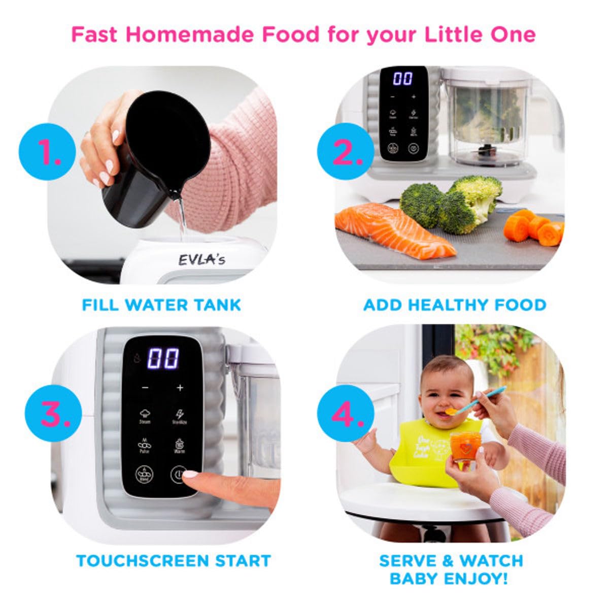 EVLA'S sleek, compact design fits modern kitchens and nurseries.