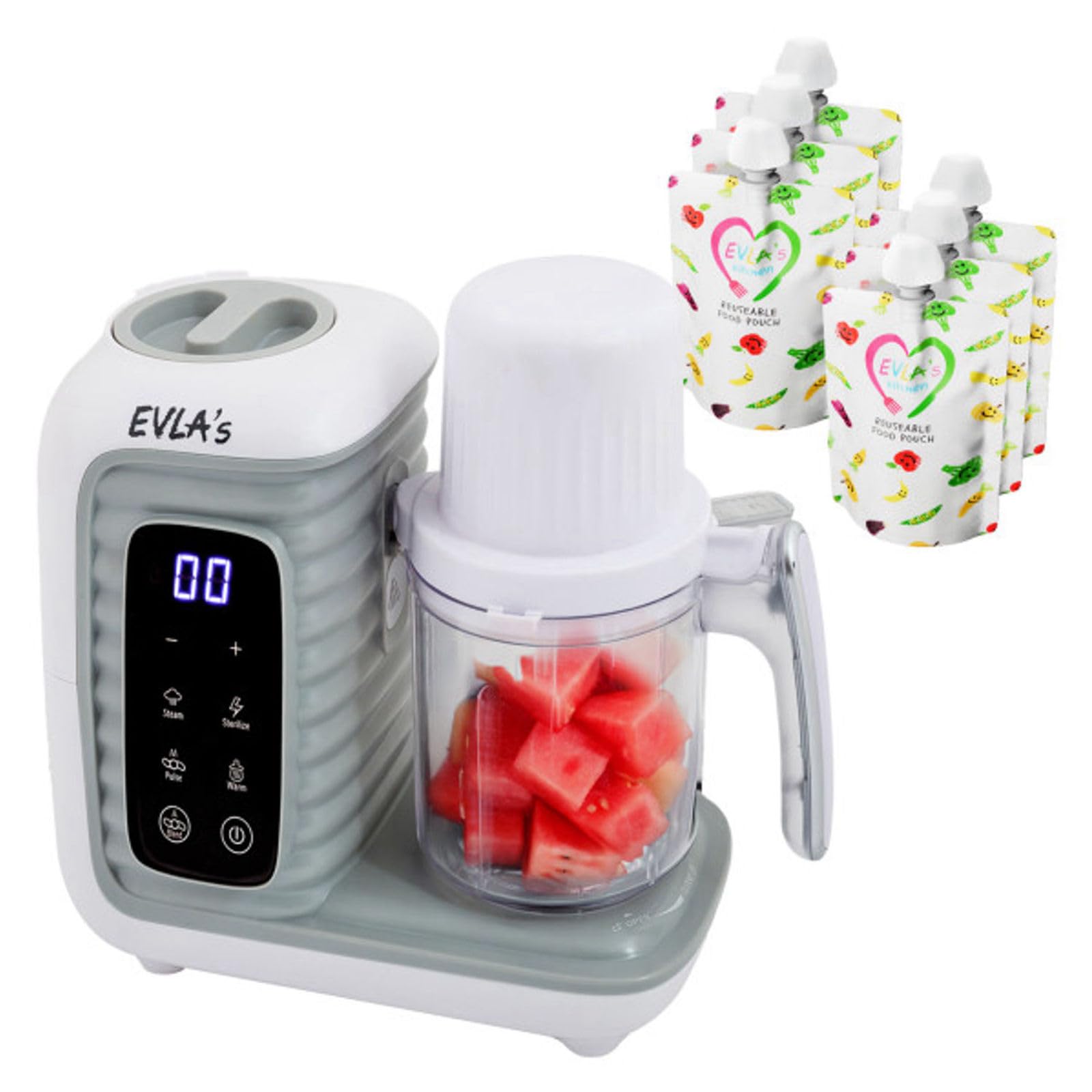 EVLA'S double baby food maker with two steaming baskets for simultaneous ingredient prep.
