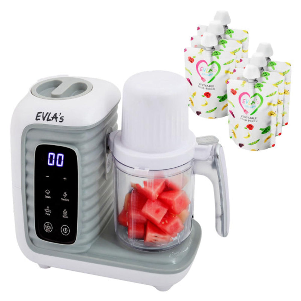 EVLA'S double baby food maker with two steaming baskets for simultaneous ingredient prep.