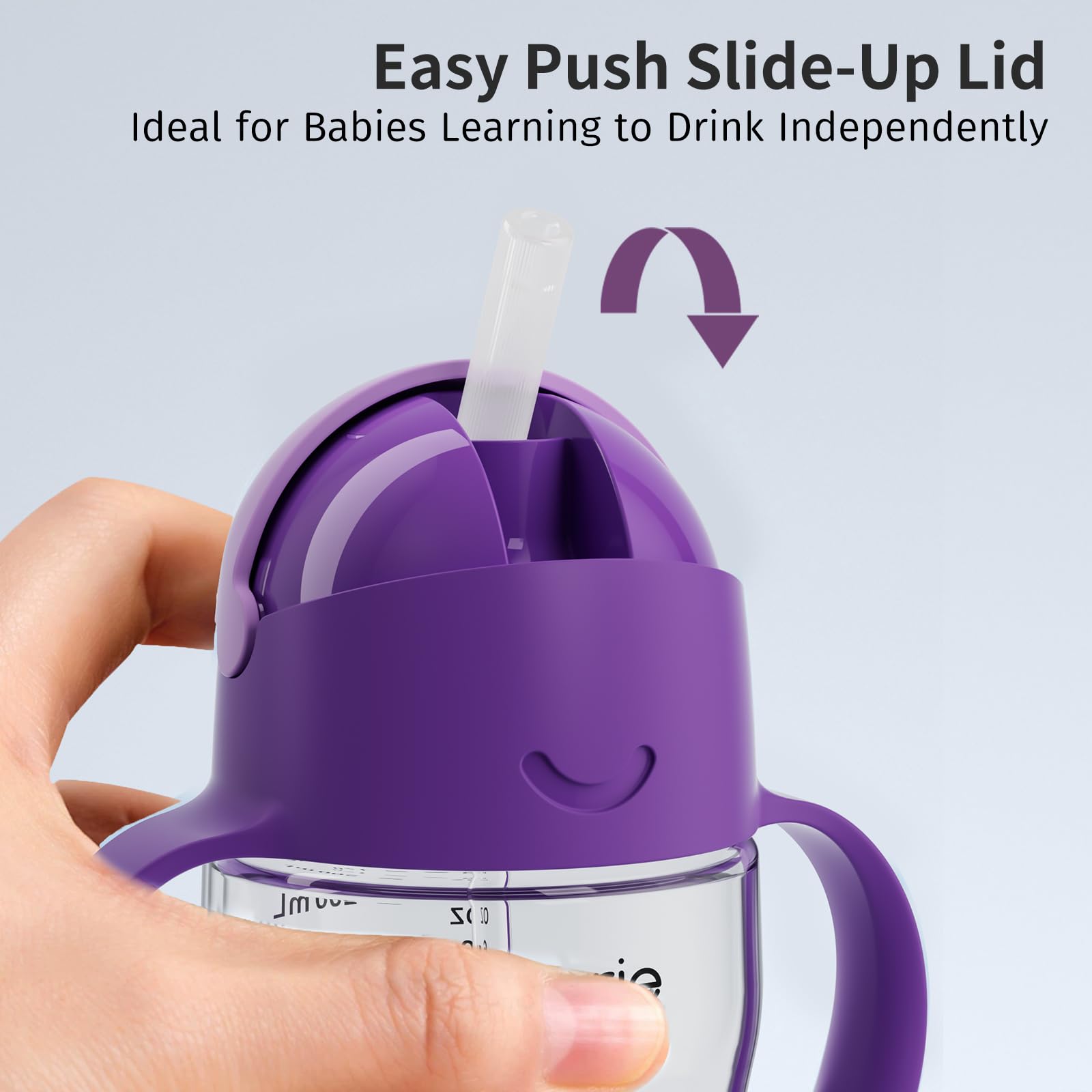 Evorie infant training bottle in Ube color with ergonomic handles
