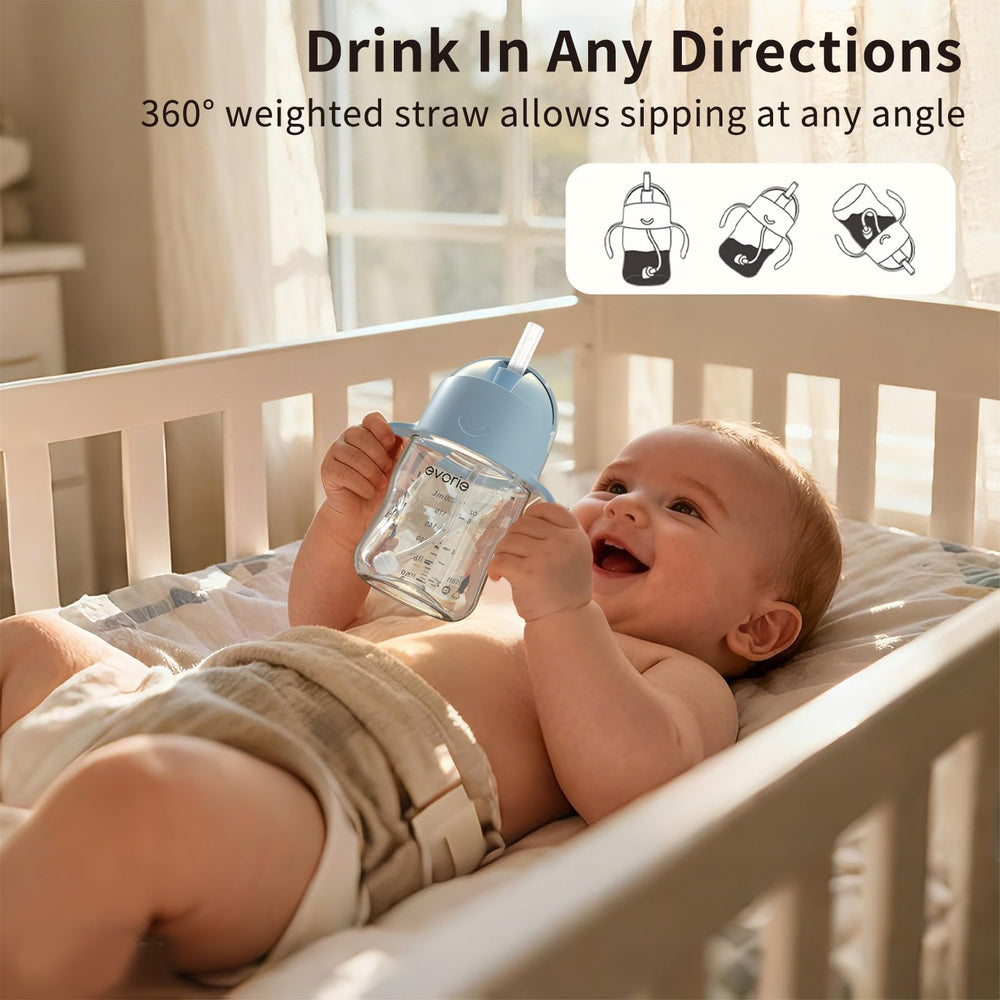 Evorie flip-top lid on blue sippy cup to reduce spills
