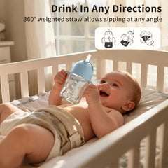 Evorie flip-top lid on blue sippy cup to reduce spills