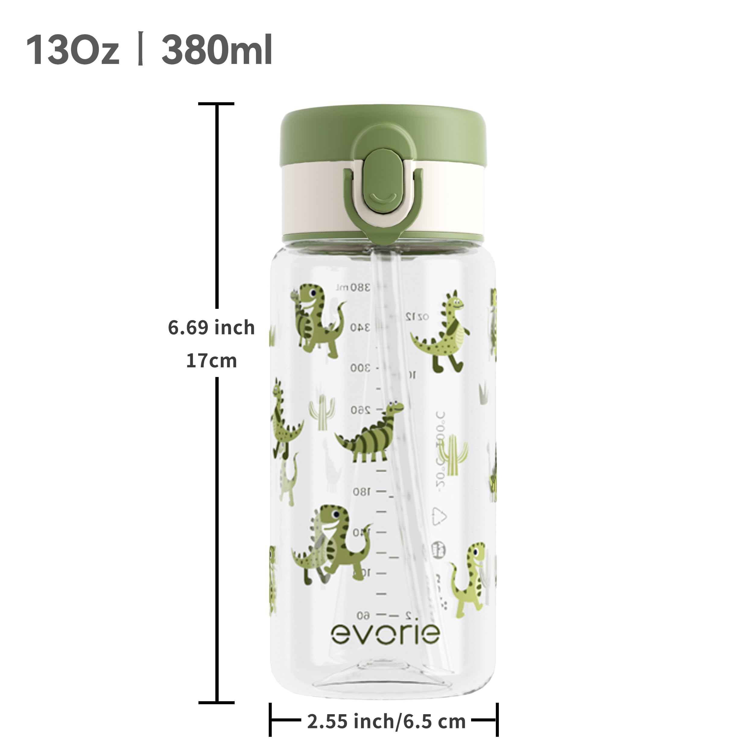 Green dino straw motif adds playful hydration moments.