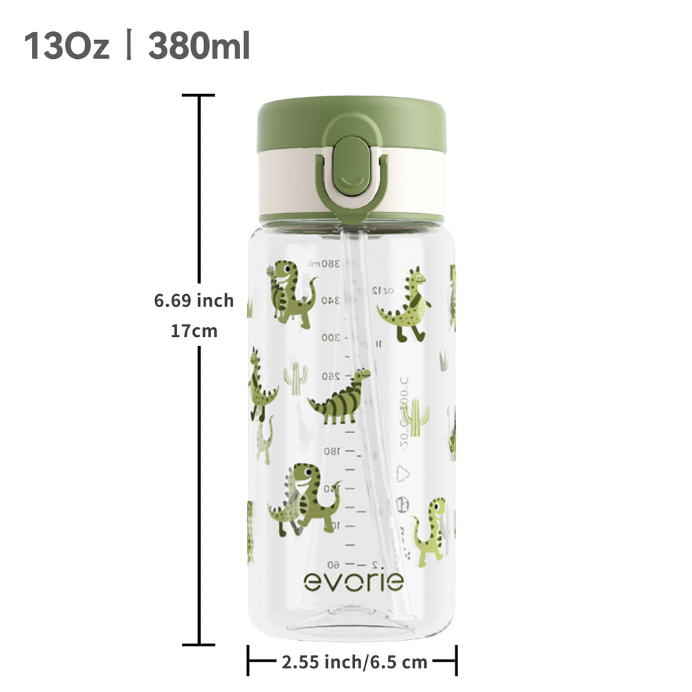 Green dino straw motif adds playful hydration moments.