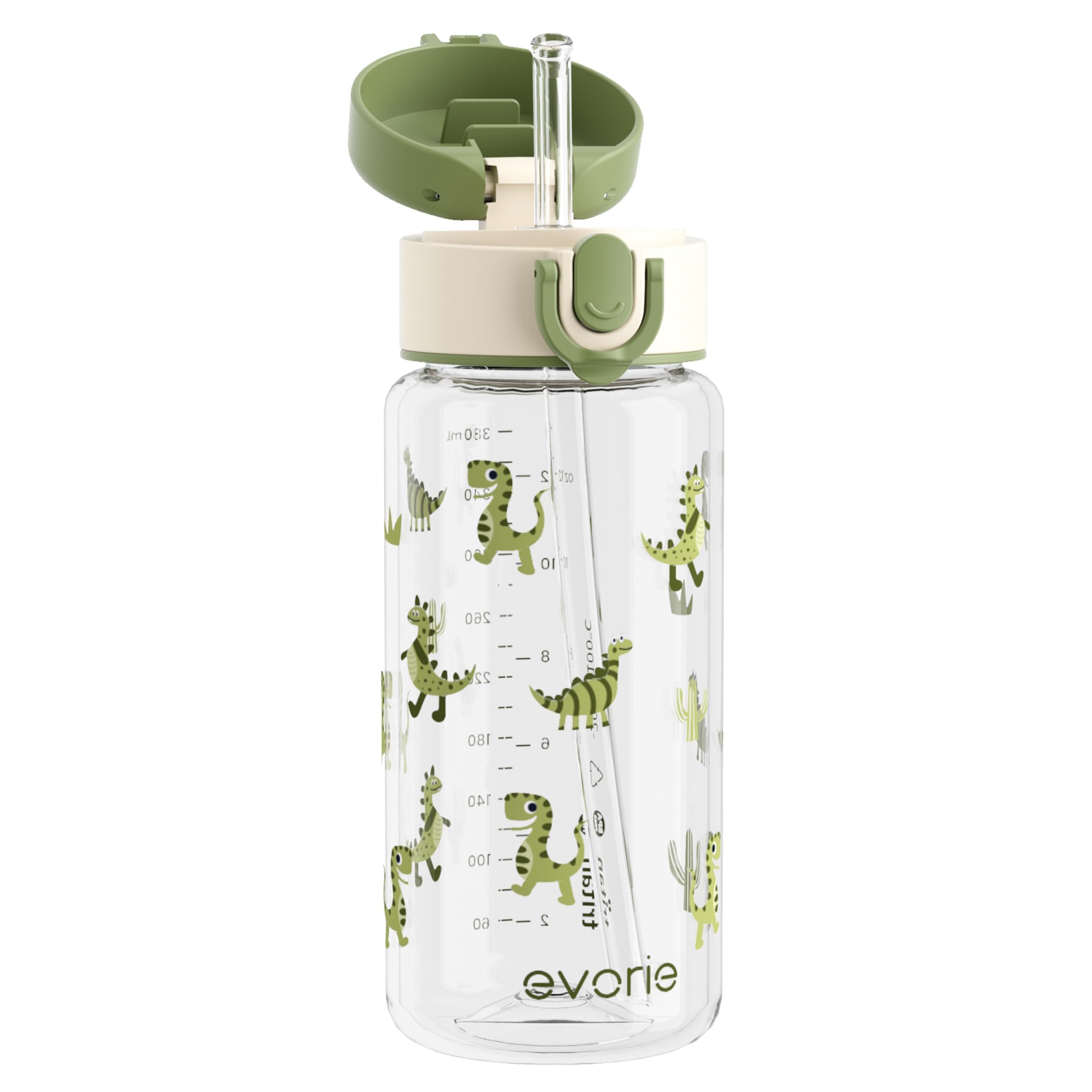 Evorie Tritan kids bottle with green dino cap, durable for daily school use.