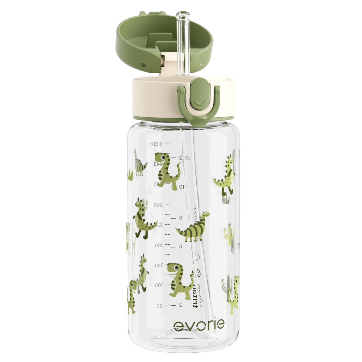 Evorie Tritan kids bottle with green dino cap, durable for daily school use.