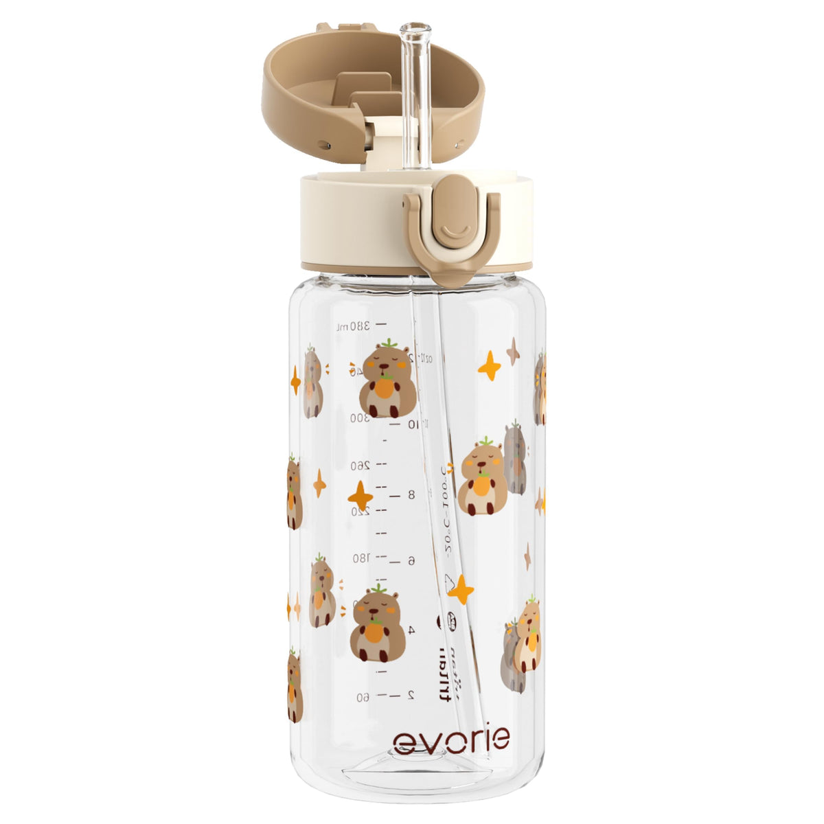 Evorie Tritan kids bottle hero view, crystal-clear and durable for school days.