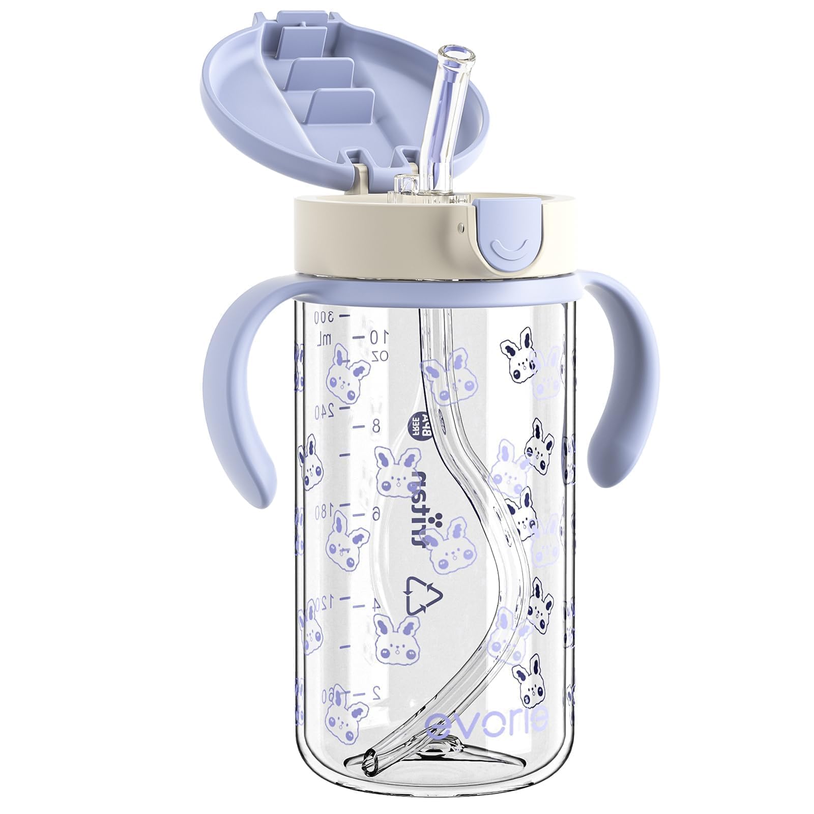 Evorie Tritan spill-proof toddler cup with blue rabbit design—ten-ounce capacity for on-the-go hydration.