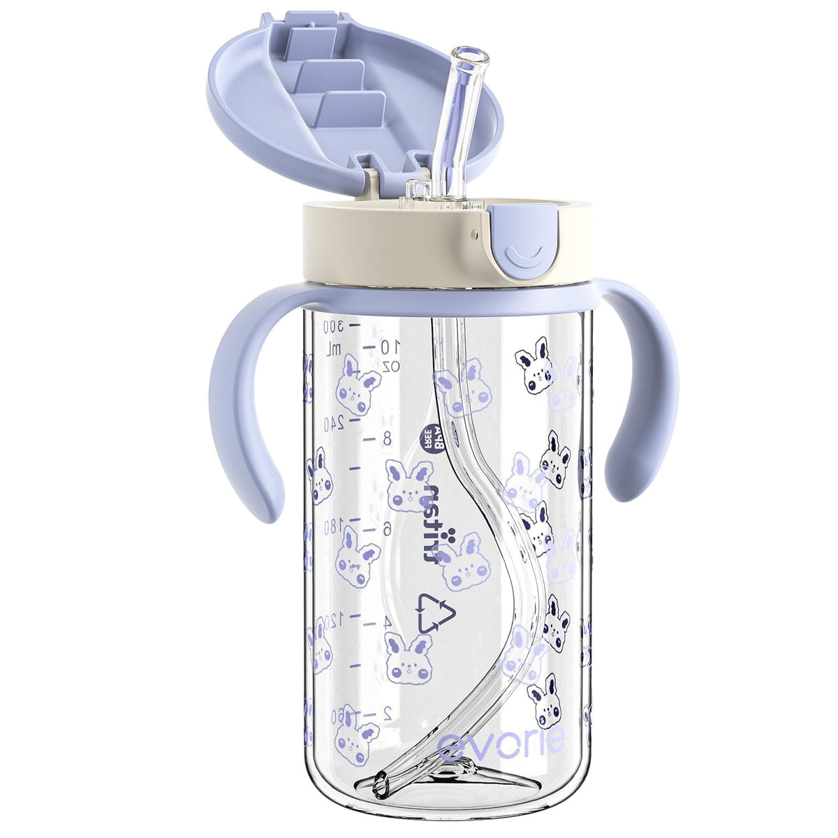 Evorie Tritan spill-proof toddler cup with blue rabbit design—ten-ounce capacity for on-the-go hydration.