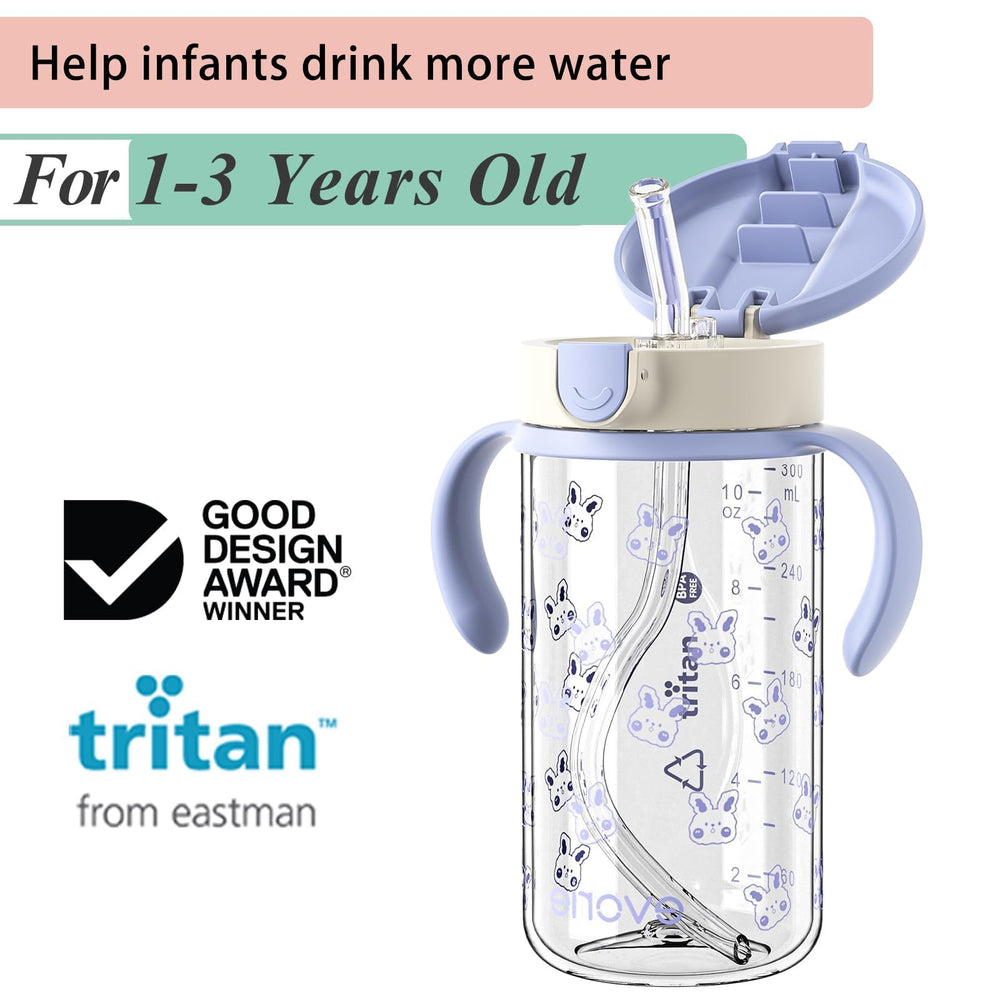 Evorie toddler cup with ergonomic handles, blue rabbit, easy grip for small hands.