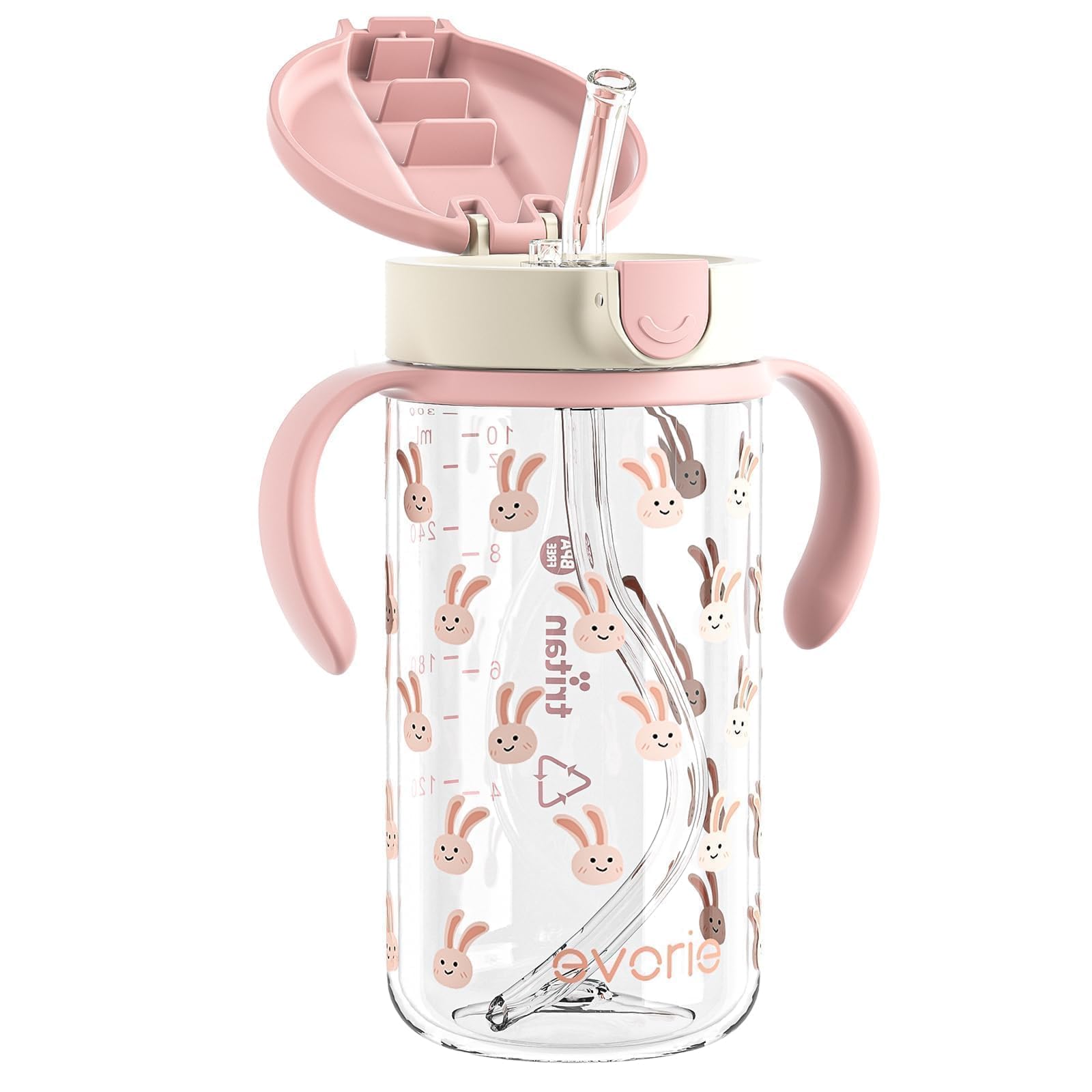 Evorie Tritan spill-proof toddler cup front view with pink rabbit design for mess-free sipping.