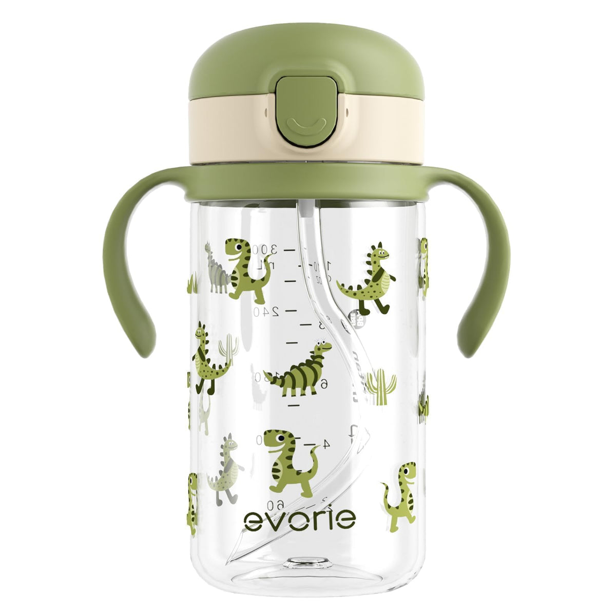 Evorie Tritan spill-proof cup with 10 oz capacity and green dino design for mess-free sips.