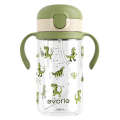 Evorie Tritan spill-proof cup with 10 oz capacity and green dino design for mess-free sips.