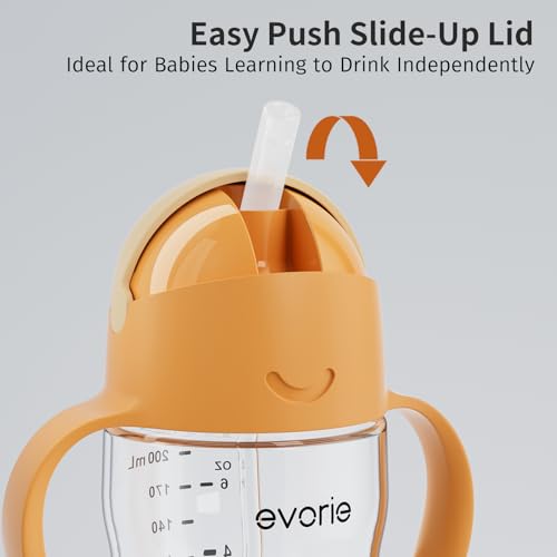 Evorie Tritan weighted straw sippy cup apricot anti-choke vent close-up demonstrates safer sipping.