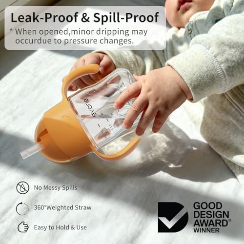 Evorie Tritan weighted straw sippy cup apricot lid-open shows spill-proof design.