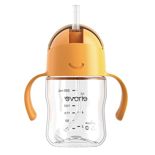 Evorie Tritan weighted straw sippy cup apricot side view shows ergonomic handles for tiny hands.