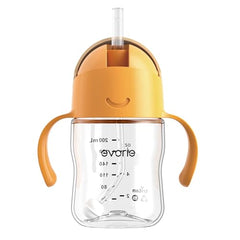 Evorie Tritan weighted straw sippy cup apricot side view shows ergonomic handles for tiny hands.