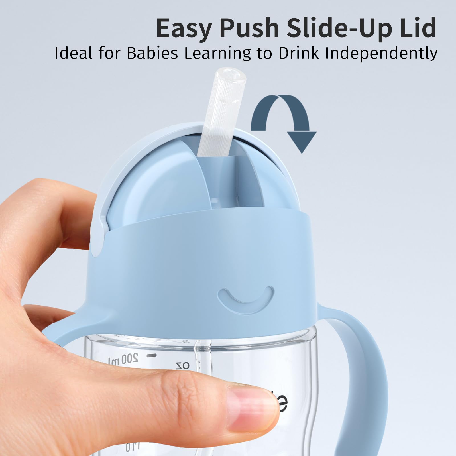 Weighted straw design of Evorie sippy cup aiding transition to straw drinking