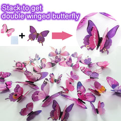 Close-up of Ewong 3D butterfly wall stickers showing liftable wings and vivid pink purple hues.