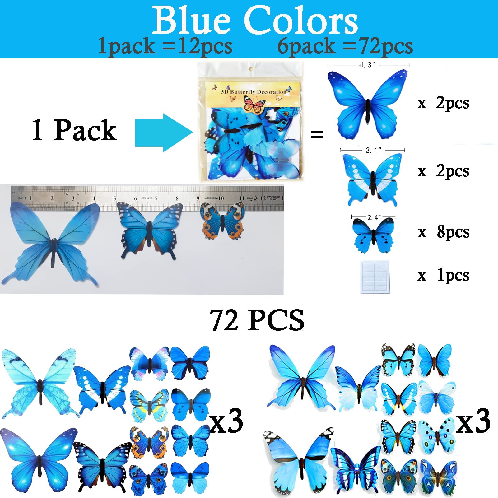 Ewong 72-piece blue butterfly pack offers 3 sizes.