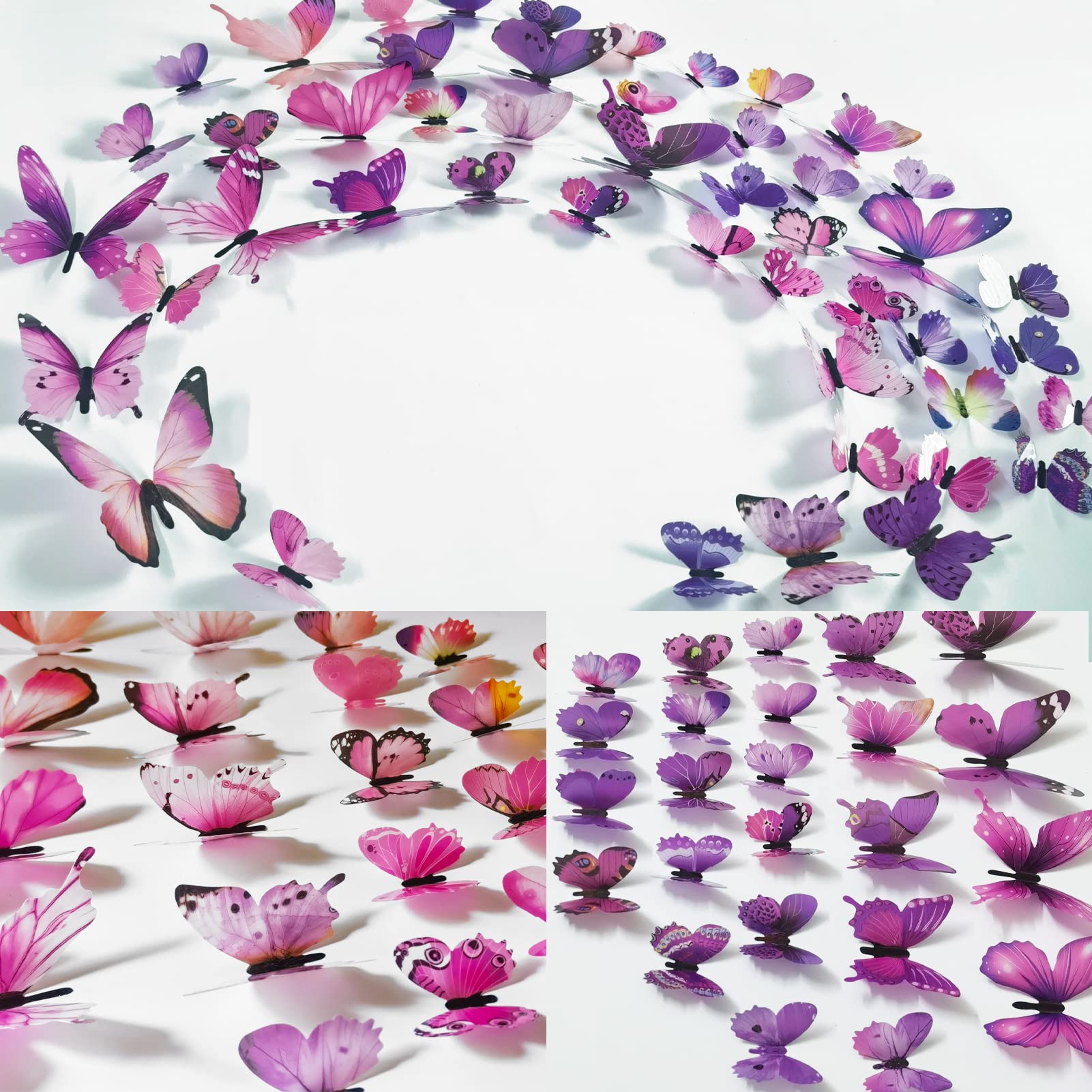 Pink and purple butterflies arranged on a wall for a charming DIY display by Ewong.