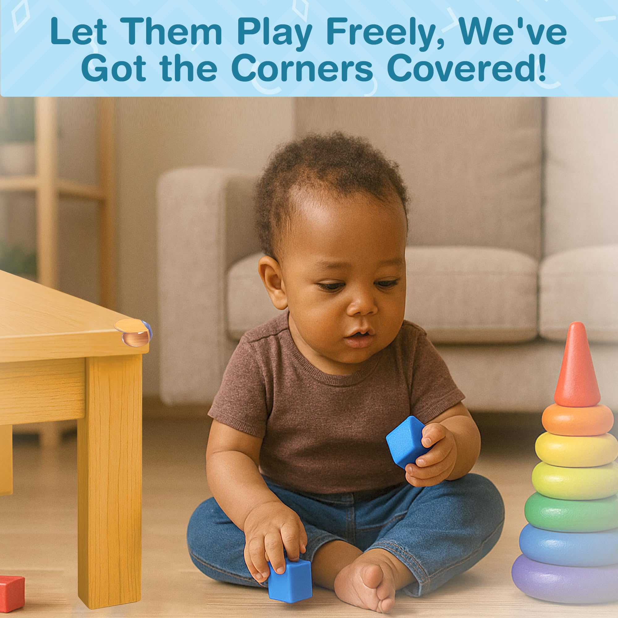 EXCOLIT quick-adhesive corner protector for fast baby-proofing.