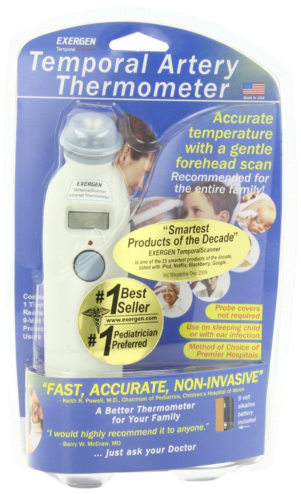 Exergen Temporal Scanner 1 held in hand shows quick non-invasive reading.
